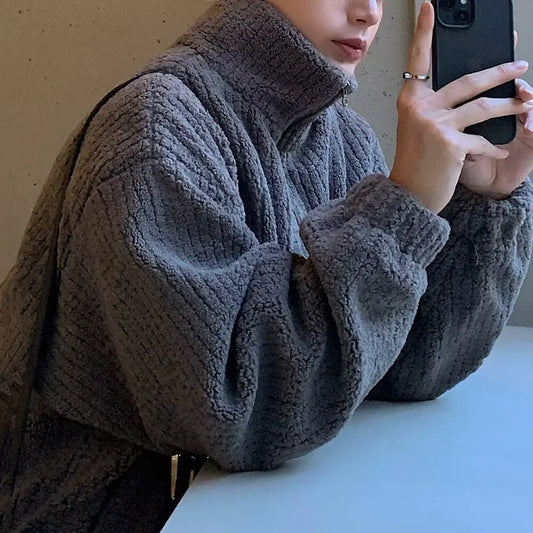 American Style Heavyweight Open Cardigan Sweatshirt Unisex Autumn Trendy Solid Color Stand Collar Jacket Vintage Loose Casual...