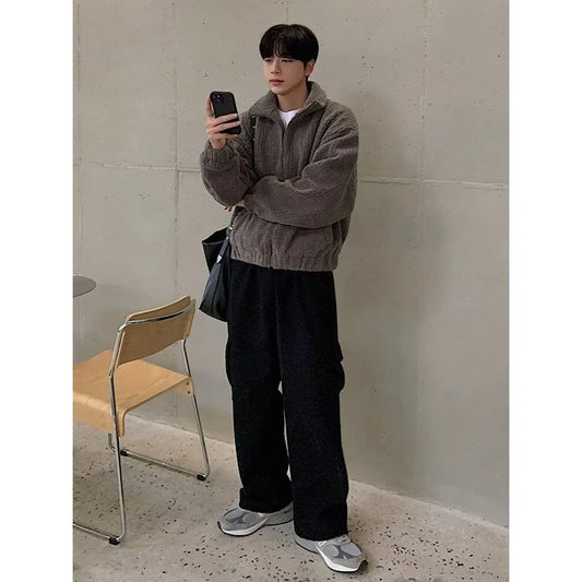 American Style Heavyweight Open Cardigan Sweatshirt Unisex Autumn Trendy Solid Color Stand Collar Jacket Vintage Loose Casual...