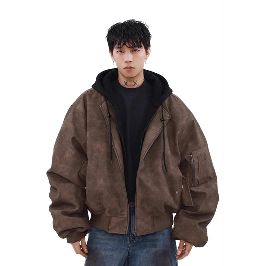 Men's Casual Loose Winter Jacket Patchwork Stylish Trendy Couple's Leather Coat Youthful Popular Straight Cut Short Sleeve